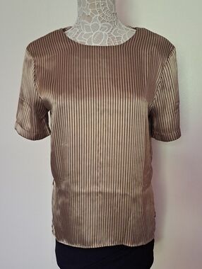 Impressions Taupe Striped Satin Short-Sleeve Blouse